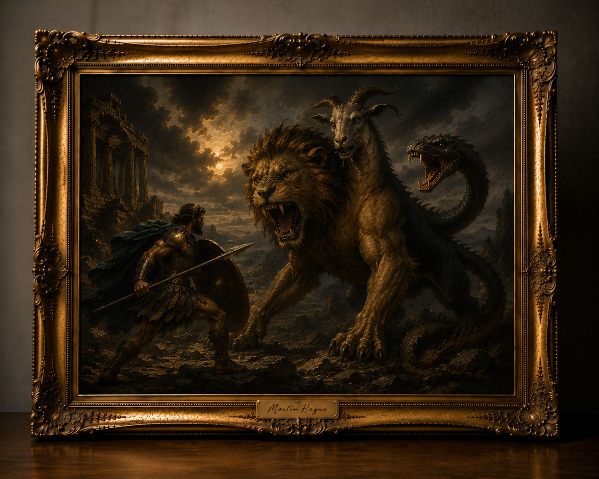 Epic Chimera Battle in Gilded Frame