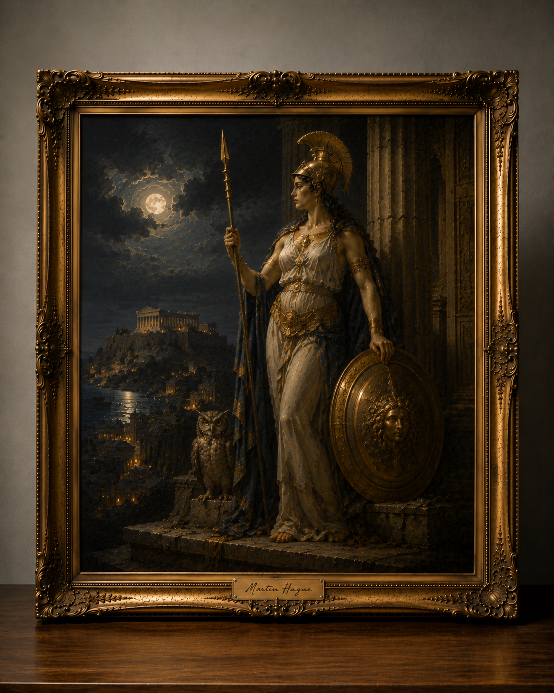 Gilded Athena Beneath the Moon