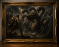 Golden-Framed Warrior Battles Hydra