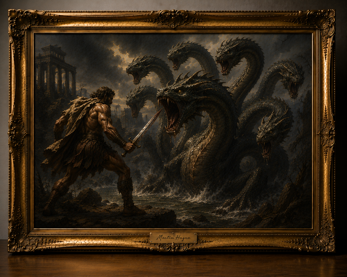 Golden-Framed Warrior Battles Hydra