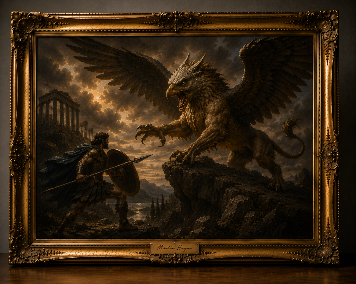 Griffin and Warrior Beneath Stormy Skies