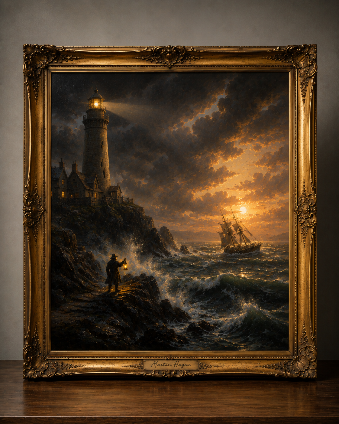 Stormy Lighthouse Seascape Framed in Gold